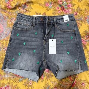 Judy Blue Women's Dark Gray Denim Shorts with Green Cactus Design